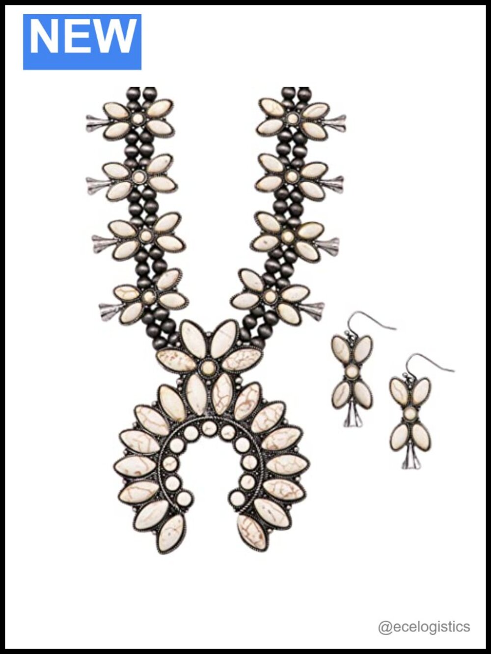 Western Squash Blossom Necklace Earrings Set Howlite Silver Tone